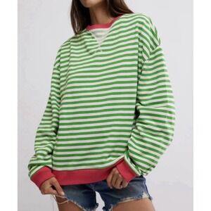 FREE PEOPLE PINK CLOVER COMBO CLASSIC STRIPED OVERSIZED CREWNECK SWEATSHIRT SZ S